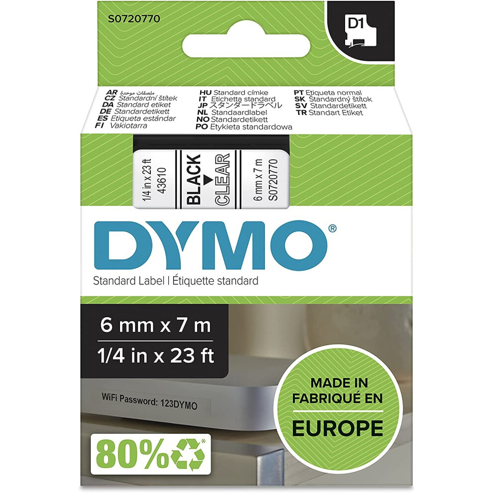 DYMO D1 Labels, Black Print on Clear, 12 mm x 7 m, Self-Adhesive, for LabelManager Label Printers, Authentic