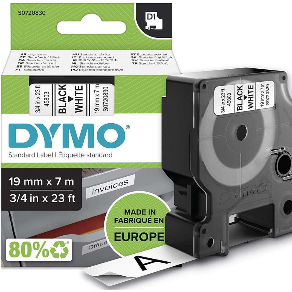 DYMO D1 Labels, Black Print on White, 19mm x 7m, Self-Adhesive Labels for LabelManager Label Printers, Authentic