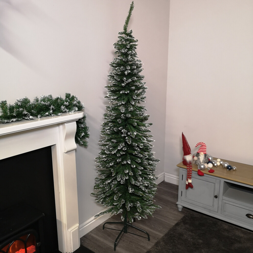 2m (6.5ft) Slim Pencil Style Snow Tipped Green Christmas Tree
