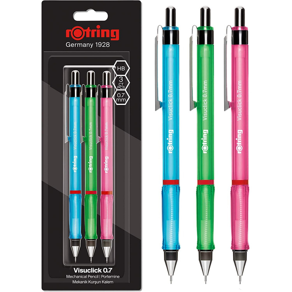 rOtring Visuclick Mechanical Pencil | 0.7 mm | 2B Lead | Lively Pink, Orange & Blue Barrels | 3 Count