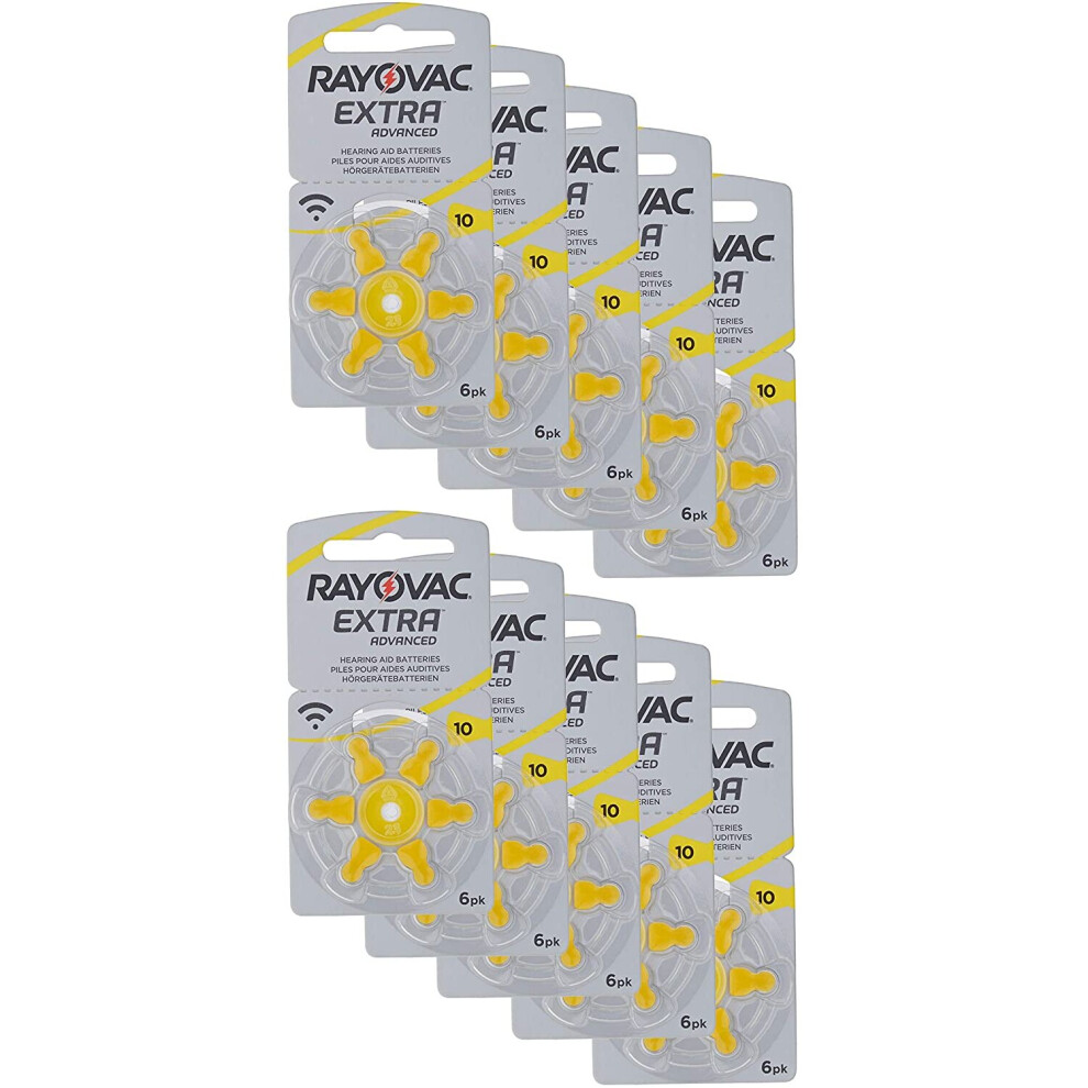 Rayovac Extra Advanced Zinc Air Hearing Aid Battery, Pack of 10, with 60 Batteries, Suitable for Hearing Aids Hearing Aids Sound Amplifier, Yellow