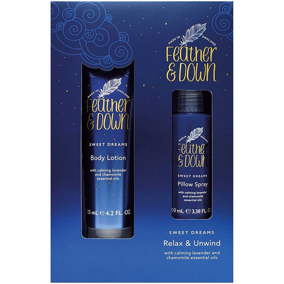 Feather & Down Relax & Unwind Gift Set (125ml Body Lotion & 100ml Pillow Spray) - Infused with calming lavender & chamomile essential oils. Vegan