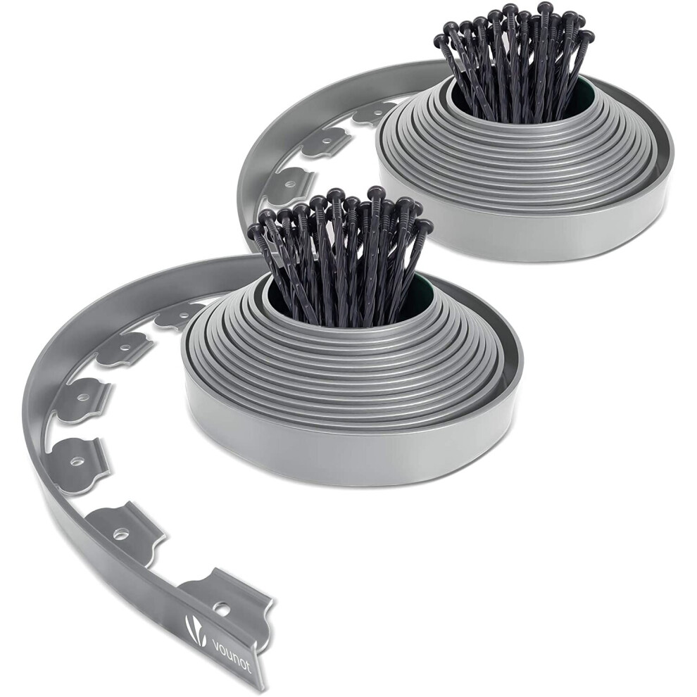 Vounot Plastic Garden Edging, Flexible 20M Lawn Edging With 60 Strong Securing Pegs, Grey