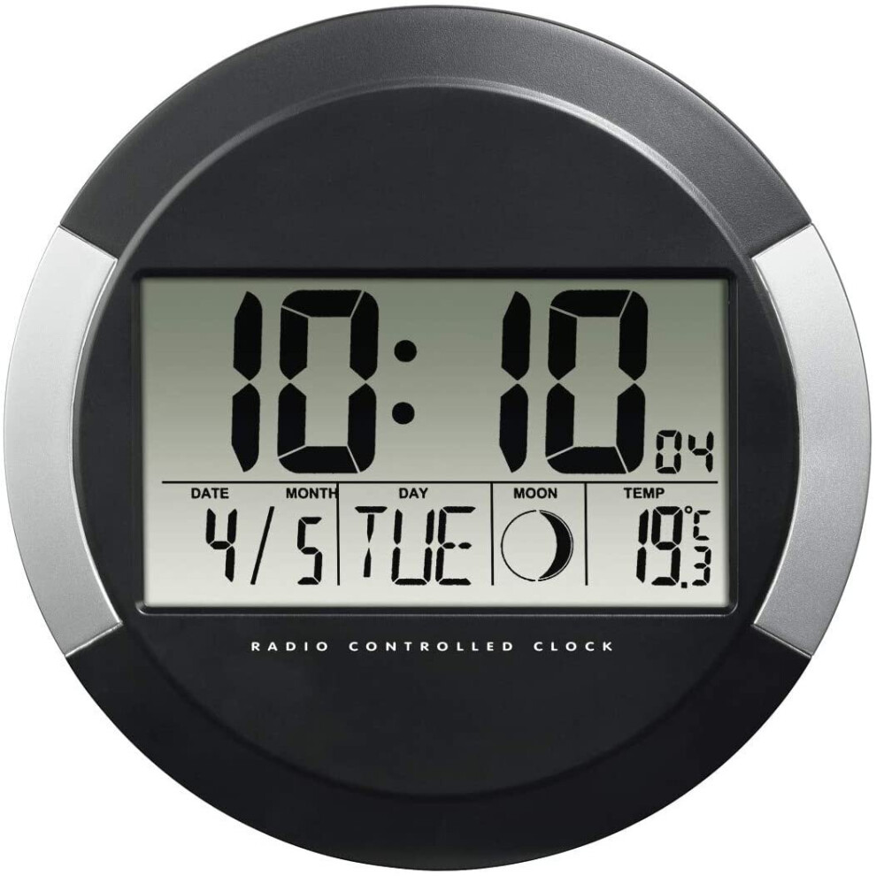 Hama PP-245 Digital Wall Clock with Temperature Indicator DCF with Date Thermometer Moon Phases for Mounting / Hanging Diameter 17 cm Round Silver /