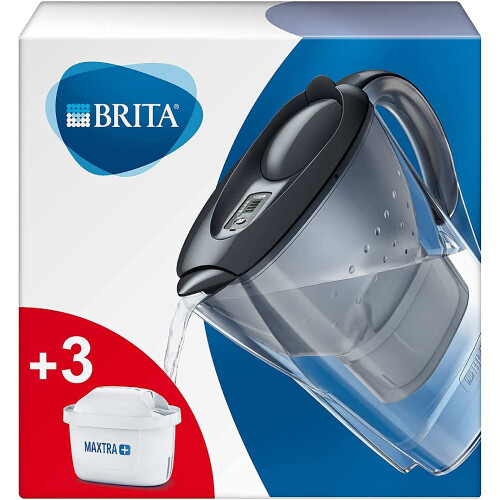 BRITA Marella fridge water filter jug for reduction of chlorine, limescale and impurities, Includes 3 x MAXTRA+ filter cartridges, 2.4L -graphite