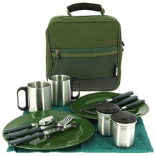 NGT Deluxe Outdoor Cutlery Set - Green, 23x10x23cm, includes 2x knives, 2x forks, 2x spoons, 2x mugs, 2x plates, 2x sugar containers, towel-mesh case