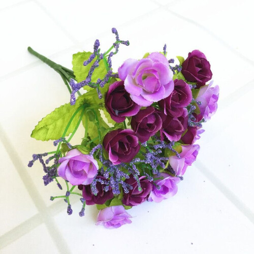 (Purple) 21 Head Artificial Flower Fake Silk Rose Bridal Wedding Bouquet Home Posy Decor