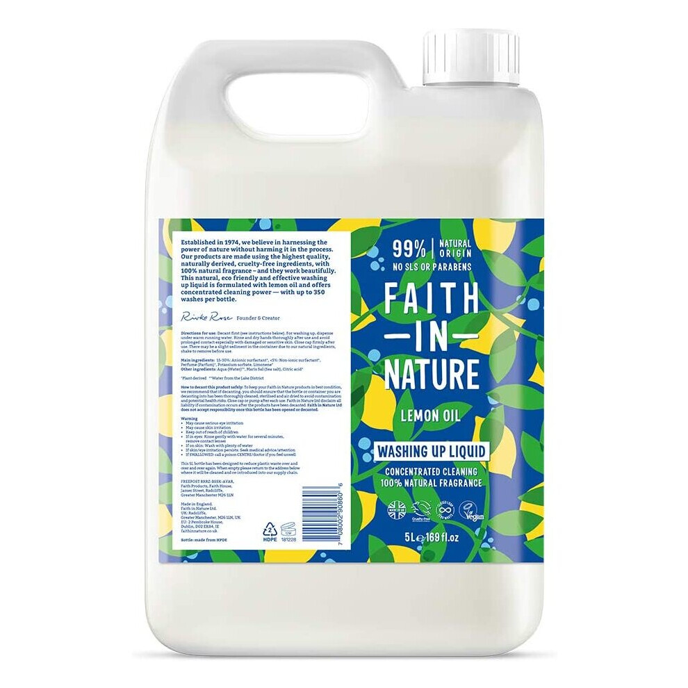 Faith In Nature Natural, Super Concentrated, Biodegradable Washing Up Liquid With Lemon Oil, Vegan, Cruelty Free, Paraben & Phosphate & Sls Free, 5L
