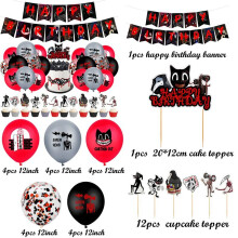 (Set 1-34pcs) Siren Head Cartoon Cat Horror Theme Birthday Party Balloon Banner Cake Topper