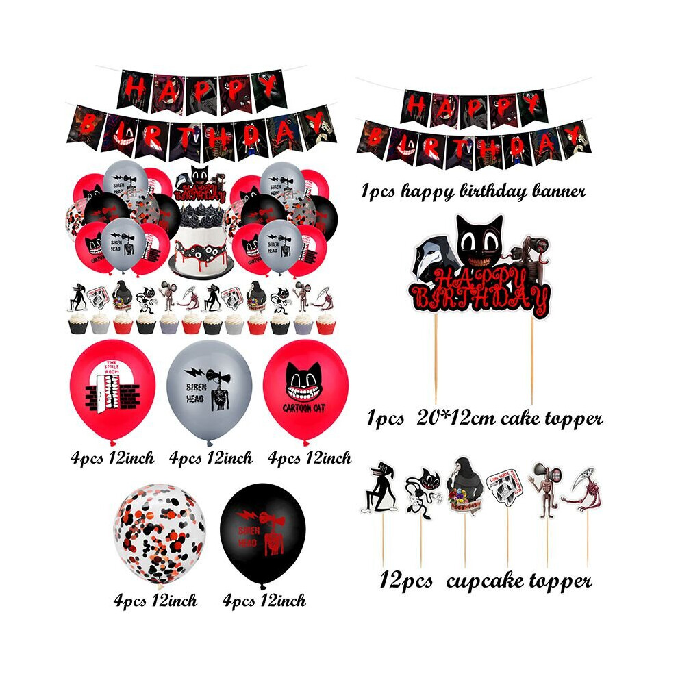 (Set 1-34pcs) Siren Head Cartoon Cat Horror Theme Birthday Party Balloon Banner Cake Topper