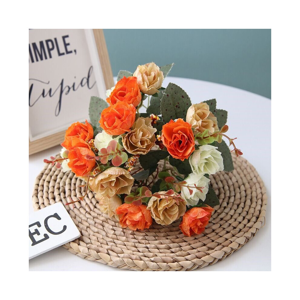 (White Orange) 21 Heads Artificial Silk Flowers Rose Bunch Bouquet Wedding Home Outdoor Decor