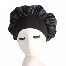(Black) Women Long Hair Care Satin Bonnet Sleep Hat Cap Night Silk feel Cap Head Wrap