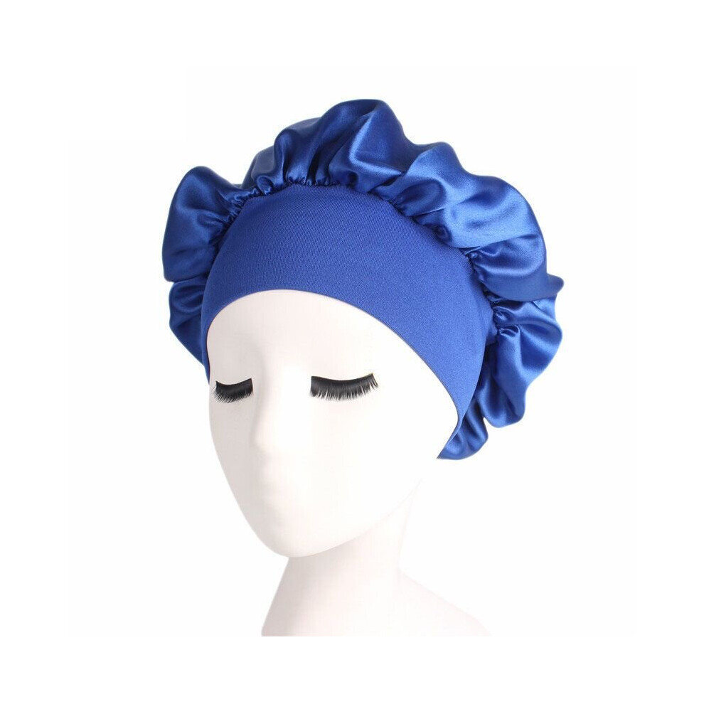 (Royal Blue) Women Long Hair Care Satin Bonnet Sleep Hat Cap Night Silk feel Cap Head Wrap