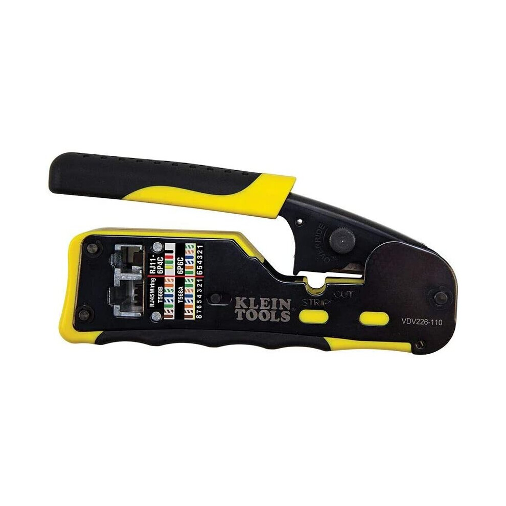 Klein Tools Pass-Thru Modular Wire Crimper, All-in-One Tool Cuts, Strips, Crimps, Fast and Reliable VDV226-110, Yellow/Black, Pack of 1