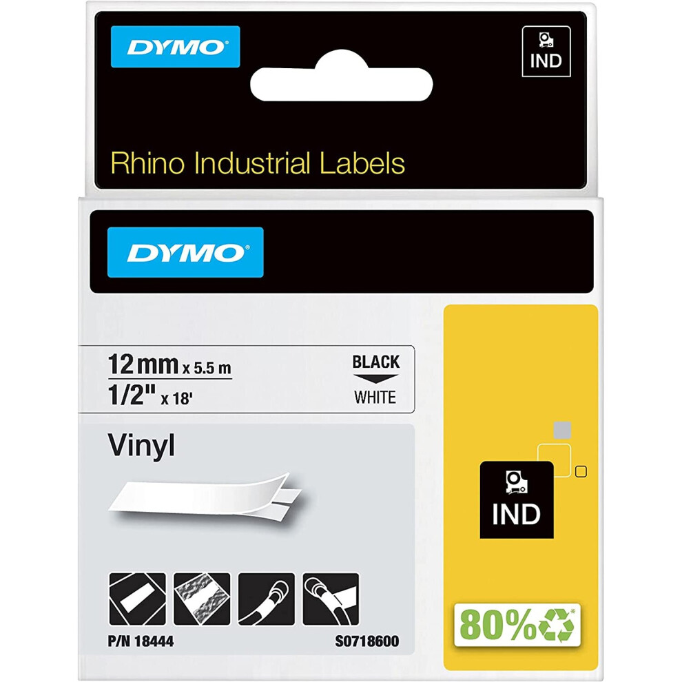 DYMO Rhino Industrial Vinyl Labels,12 mm x 5.5 m Roll, Black Print on White, Self-Adhesive, 18444