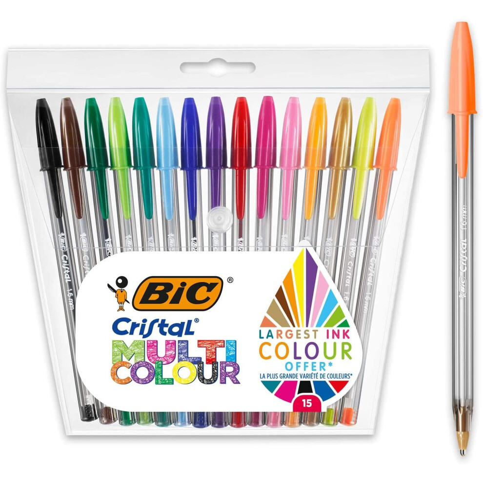 Bic Cristal Multicolour Ballpoint Pens - Assorted Colours - Pack Of 15 - Wide Tip (1.6 Mm) Pens For Colourful Writing And More