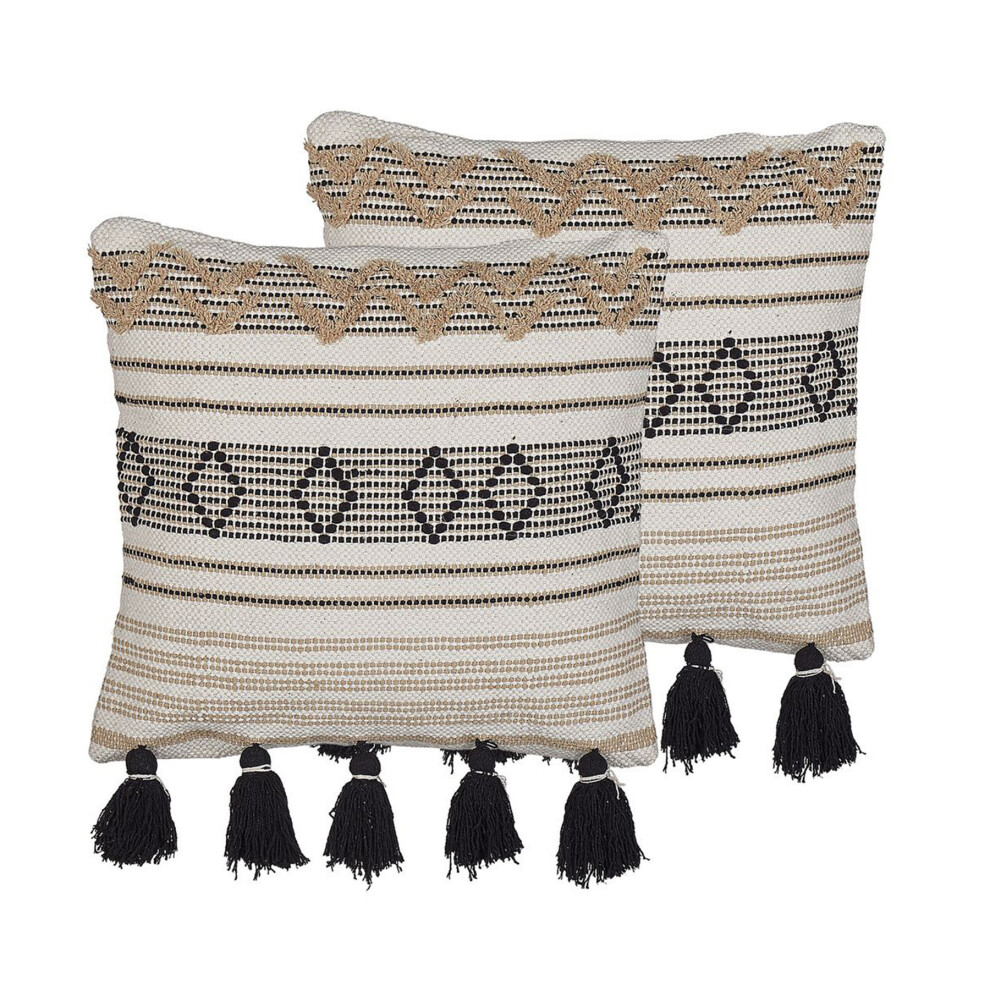 Set of 2 Cotton Cushions Geometric Pattern with Tassels 45 x 45 cm Beige and Black SAMBUCUS