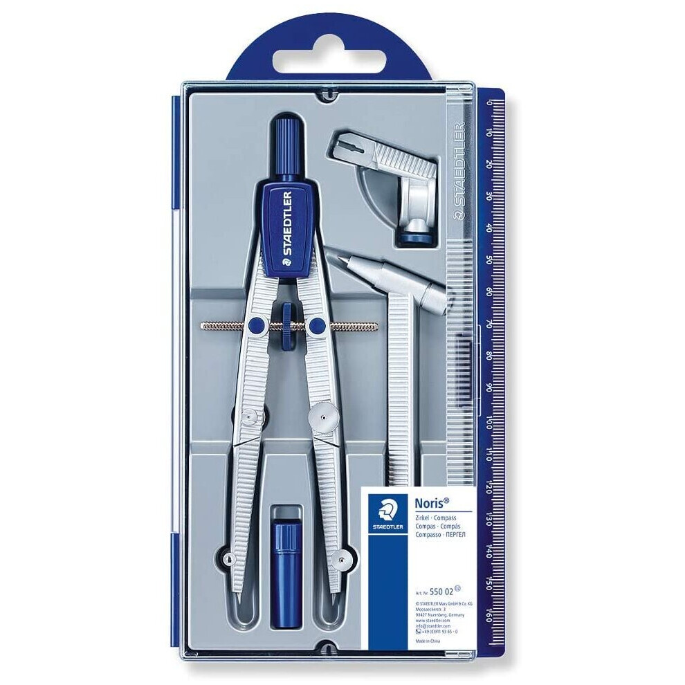 STAEDTLER Noris Club 550 02 School Compass with Centre Wheel Set with Extension Bar, Universal Adapter and Lead Box