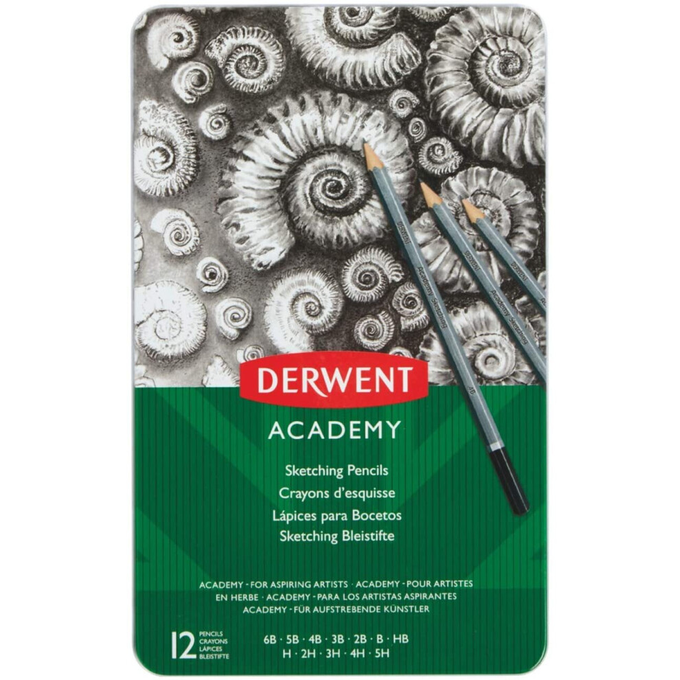 Derwent 2301946 Academy Graphite Sketching Pencils, Tin Box, 6B-5H Degree, , Set of 12