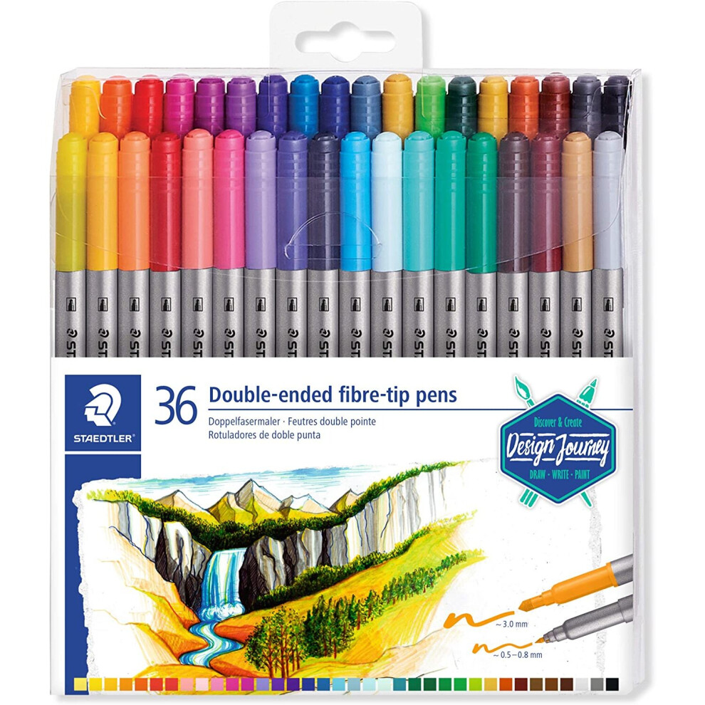 Staedtler 3200 TB36 Design Journey double-ended fibre-tip pens, Pack Of 36 Assorted Colours