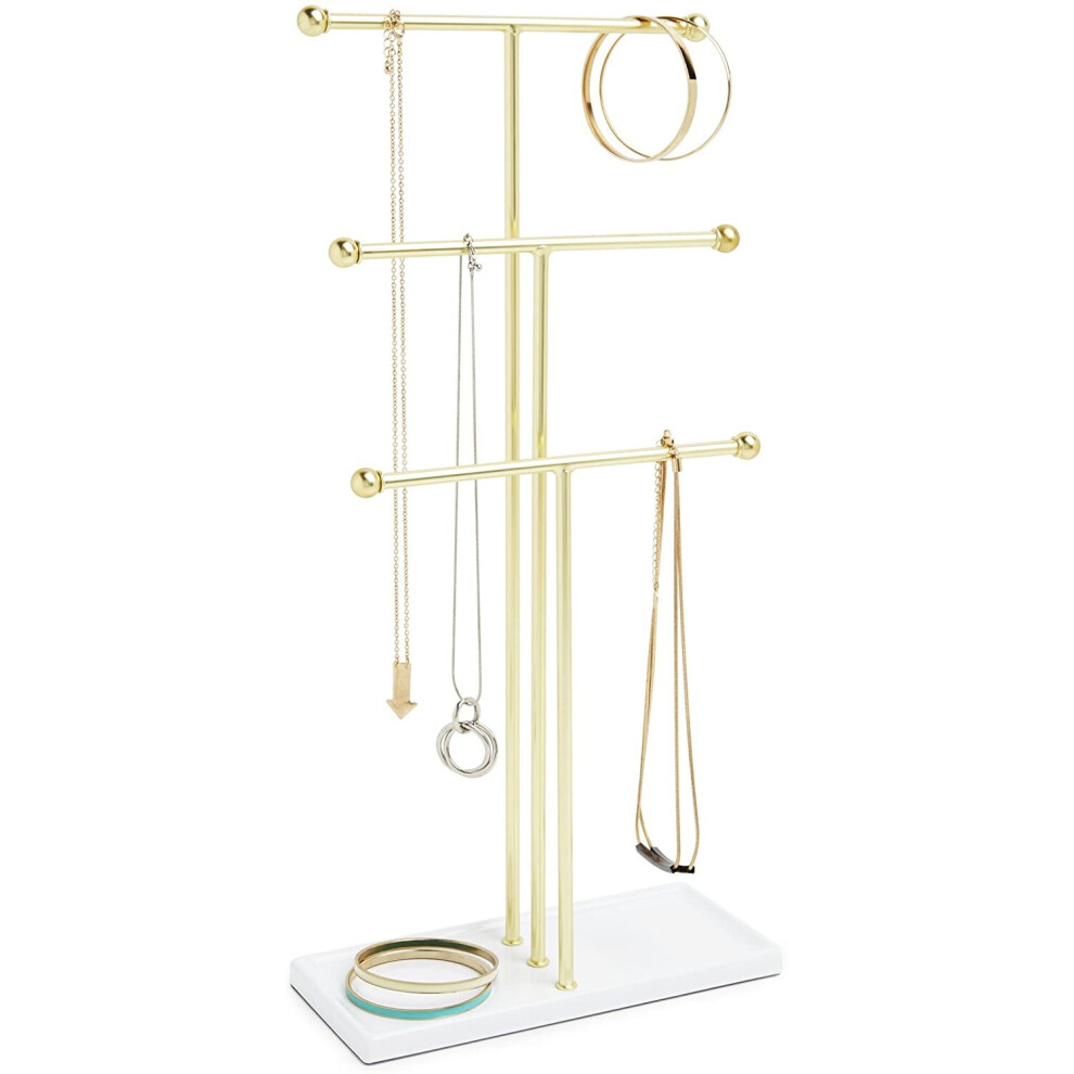 Umbra Trigem Hanging Jewelry Organizer – 3 Tier Extra Tall Tabletop Necklace Holder and Jewelry Display Stand Tree with Ring Tray to Organize