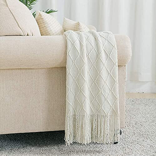 Bourina Textured Solid Soft Sofa Throw Couch Cover Knitted Decorative Blanket, Beige, 125x152cm 1