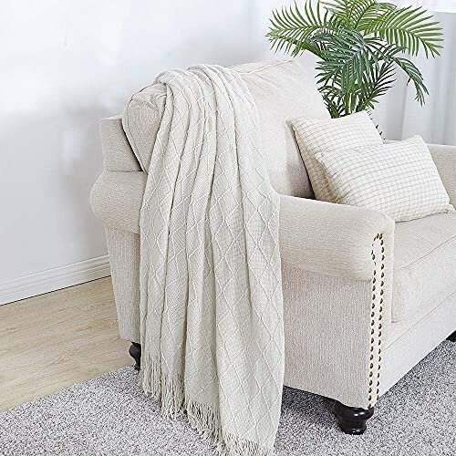 Bourina Textured Solid Soft Sofa Throw Couch Cover Knitted Decorative Blanket, Beige, 125x152cm 2