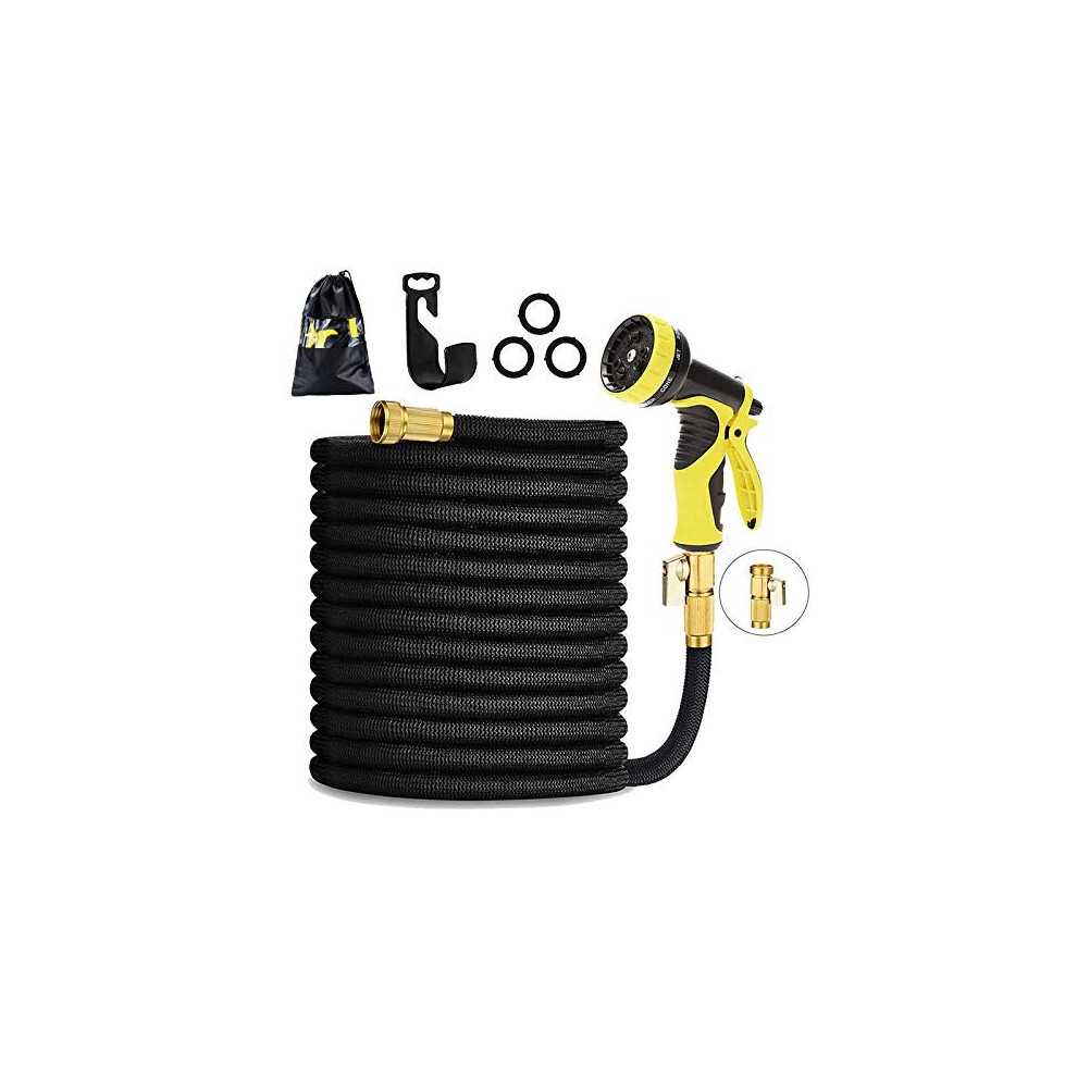 HmiL-U Garden Hose 150ft 45m Strongest Double Latex Inner Tube Prevent Leaking Magic Hosepipe with 9 Function Spray Gun+Solid Brass Fittings (Ret