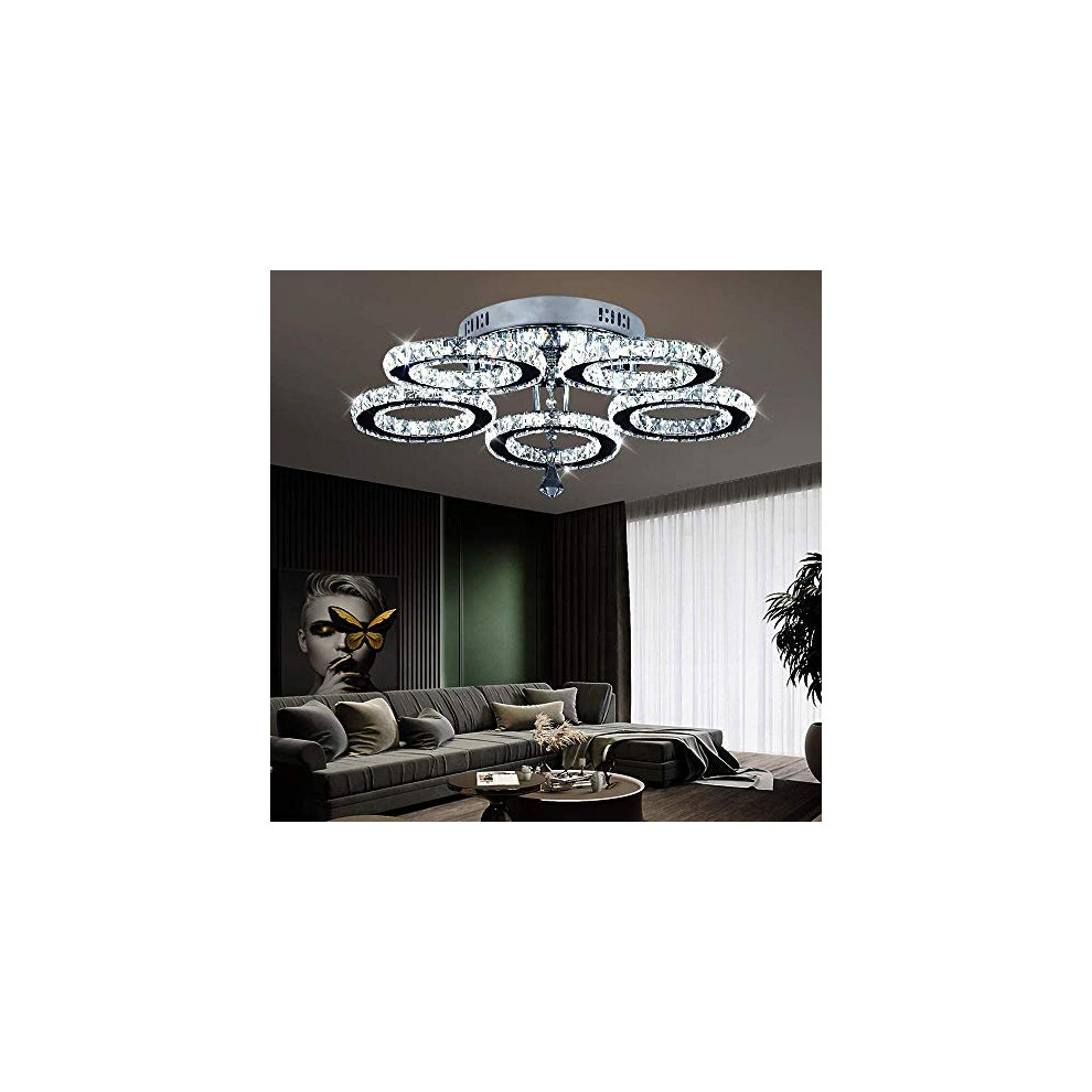 Modern Crystal Chandelier, Led Ceiling Light Flush Mount Stainless Steel Pendant Lights Fixtures for Dining Room Living Room (5 Rings Cool White