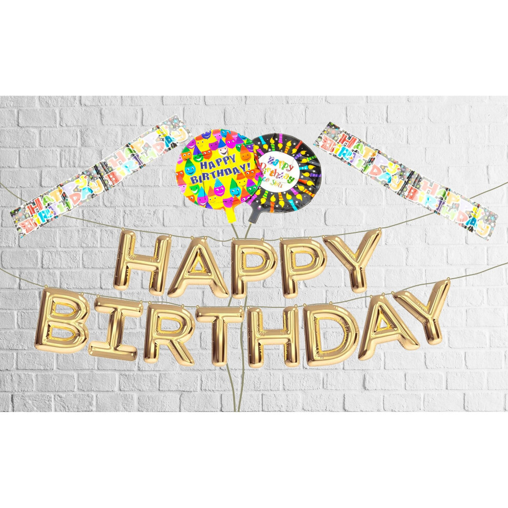 Happy Birthday Balloons Banner Balloon Bunting Party Decoration Inflating Gold