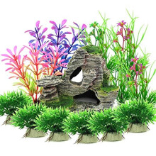 Vibury Aquarium Decoration Plants with Rockery View, 13pcs Green Aquarium Plants Plastic and Aquarium Mountain Reef Rock Cave Resin Fish Tank Orn