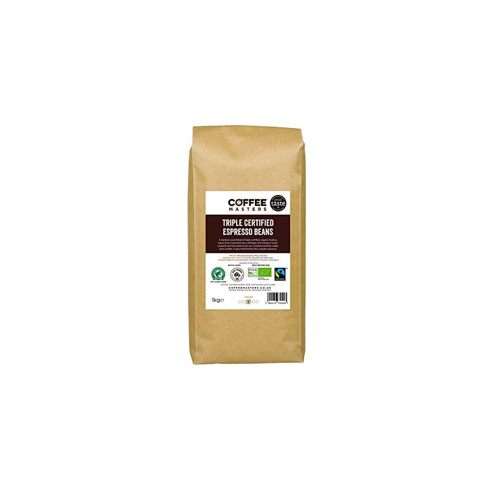 Coffee Masters Triple Certified Arabica Coffee Beans 1Kg - Fairtrade Organic Coffee Beans Blend - Medium Roast Whole Coffee Beans Ideal For Espre