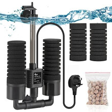 AQQA Aquarium Double Sponge Filter, 3W/5W Quiet Electric Power Fish Tank Filter, Submersible Foam Filter with 4 Sponges, 1 Bag of Bio Filtered Ce