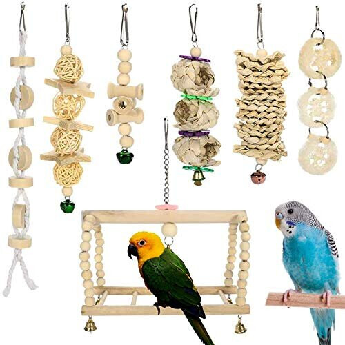 Yorgewd 7 Pack Bird Toys Natural Wood Small Bird Cage Toys Small Parrot Swing Chewing Toys for Budgies Small Parakeets Conures Love Birds Co on OnBuy