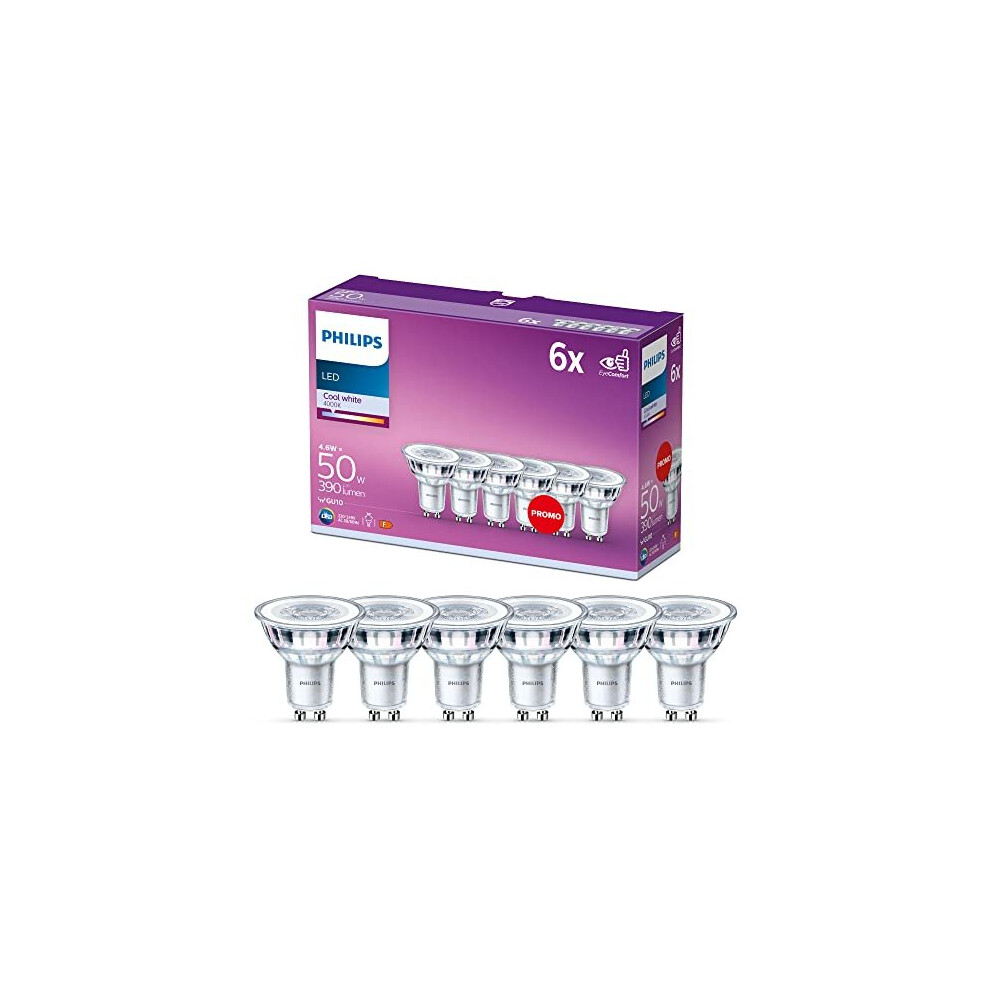 Philips LED Classic 6 Pack [GU10 Spot] 4.6W - 50W Equivalent, 220 - 240V, Cool White 4000K (Non-Dimmable)