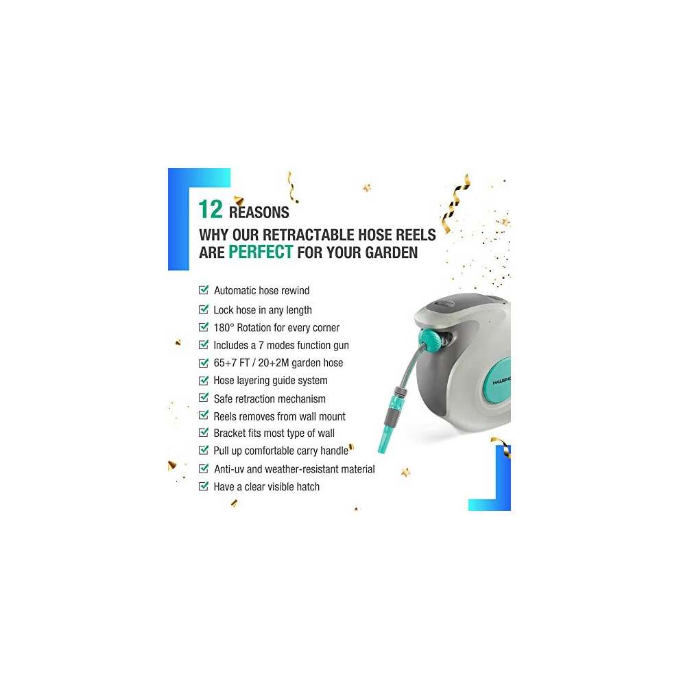 HAUSHOF Hose Reel, Wall Mounted Retractable Garden Hose Reel with 20+2M