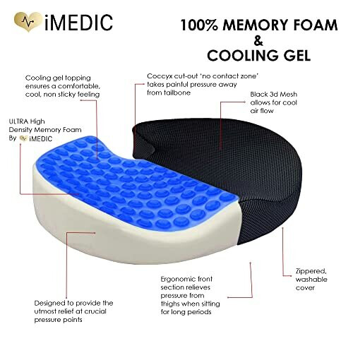 iMedic Cooling Gel Seat 100 Memory Foam Cushion Coccyx Cut Out