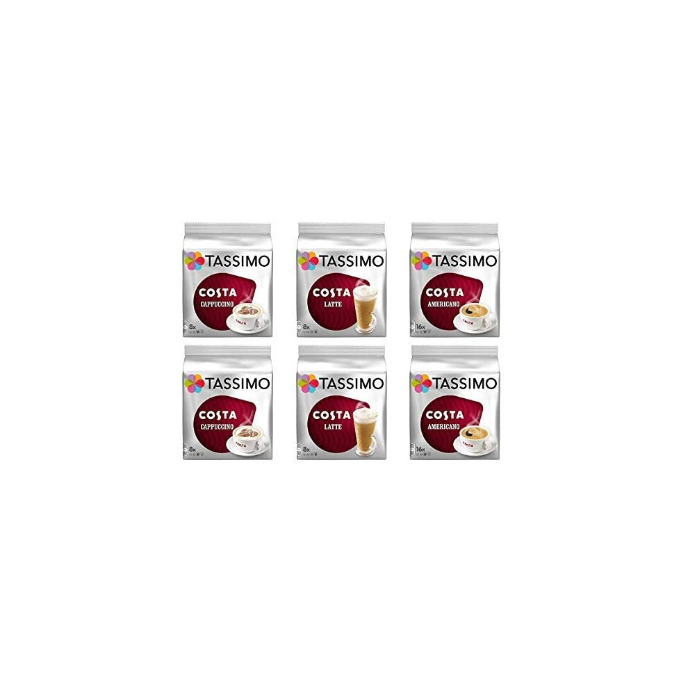 Tassimo Coffee Costa Selection - Costa Latte/Costa Cappuccino/Costa Americano Coffee Pods - 6 Packs (64 Drinks)