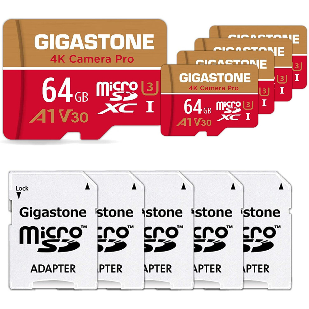 Gigastone 64GB 5-Pack Micro SD Card, A1 V30 Run App for Smartphone, UHD 4K Video Recording, High speed 4K Gaming 95MB/s, Micro SDXC UHS-I U3 C10 Class