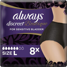 Bielizna higieniczna Always Discreet Boutique Plus, duża, czarna, rozmiar 8, dla osób z wrażliwym pęcherzem, zapobiega powstawaniu
