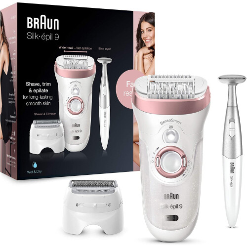 Braun Braun Silk-épil 9-890 Epilator for Long-Lasting Hair Removal Includes a Bikini Styler High Frequency Massage Cap Shaver and Trimmer Head Cordless Wet