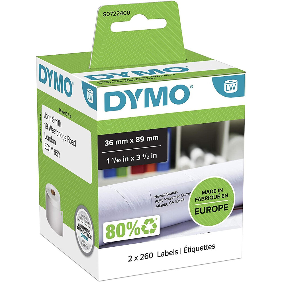 DYMO LW Large Address Labels, 36 mm x 89 mm, Black Print on White, 2 Rolls of 260, (520 Easy-Peel Labels), Self-Adhesive, for LabelWriter Label