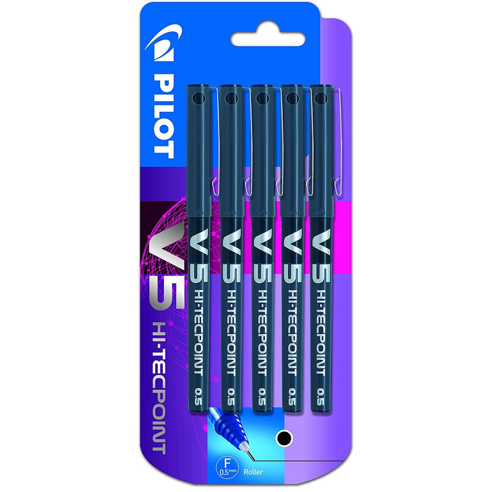 Pilot V5 0.5 mm Liquid Ink Rollerball Pen - Black (Pack of 5), 3131910541103