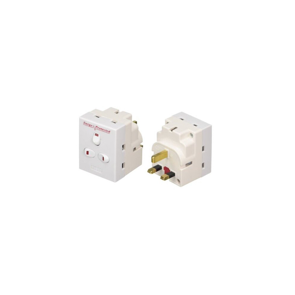 3 Way UK Mains Extension Switched 13A Adapter Plug Individually Triple Neon Switched Block Socket Splitter Surge Protected - White