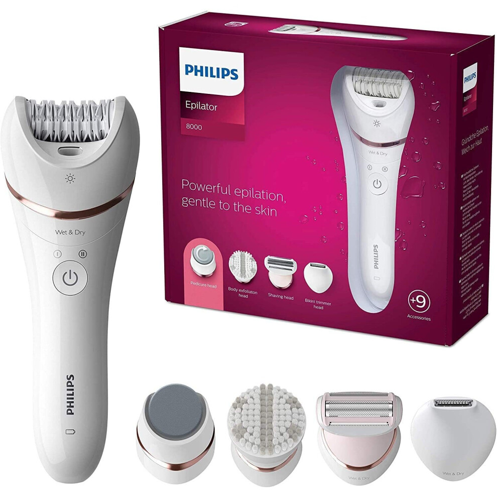 Philips Series 8000 Epilator, Wet and Dry Cordless Hair Removal and Skin Care System, For Legs, Body with 9 Accessories Including Shaver Head and