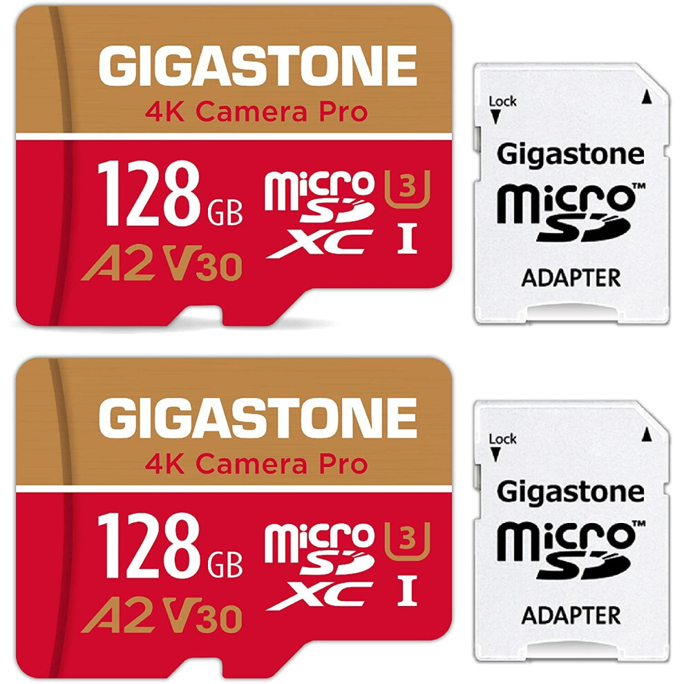 Gigastone Micro SD Card 128GB 2-Pack, 4K Video Recording, 4K Game Pro, Nintendo-Switch Compatible, R/W up to 100/50MB/s, Micro SDXC UHS-I A2 V30 Class
