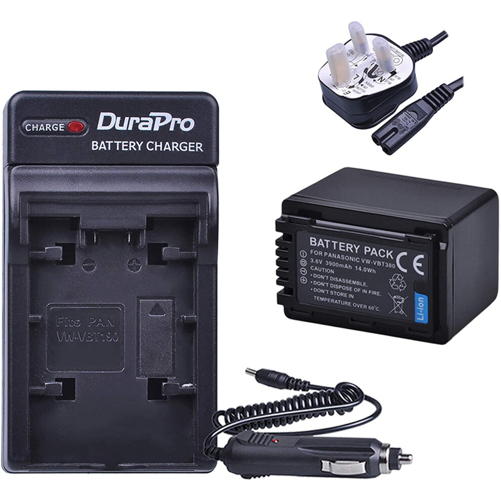 DuraPro 1Pc 3900mAh VW-VBT380 VBT380 VW-VBT190 VBT190 Battery + AC Wall/Car Charger for Panasonic HC-V110, HC-V130, HC-V160, HC-V180, HC-V201,