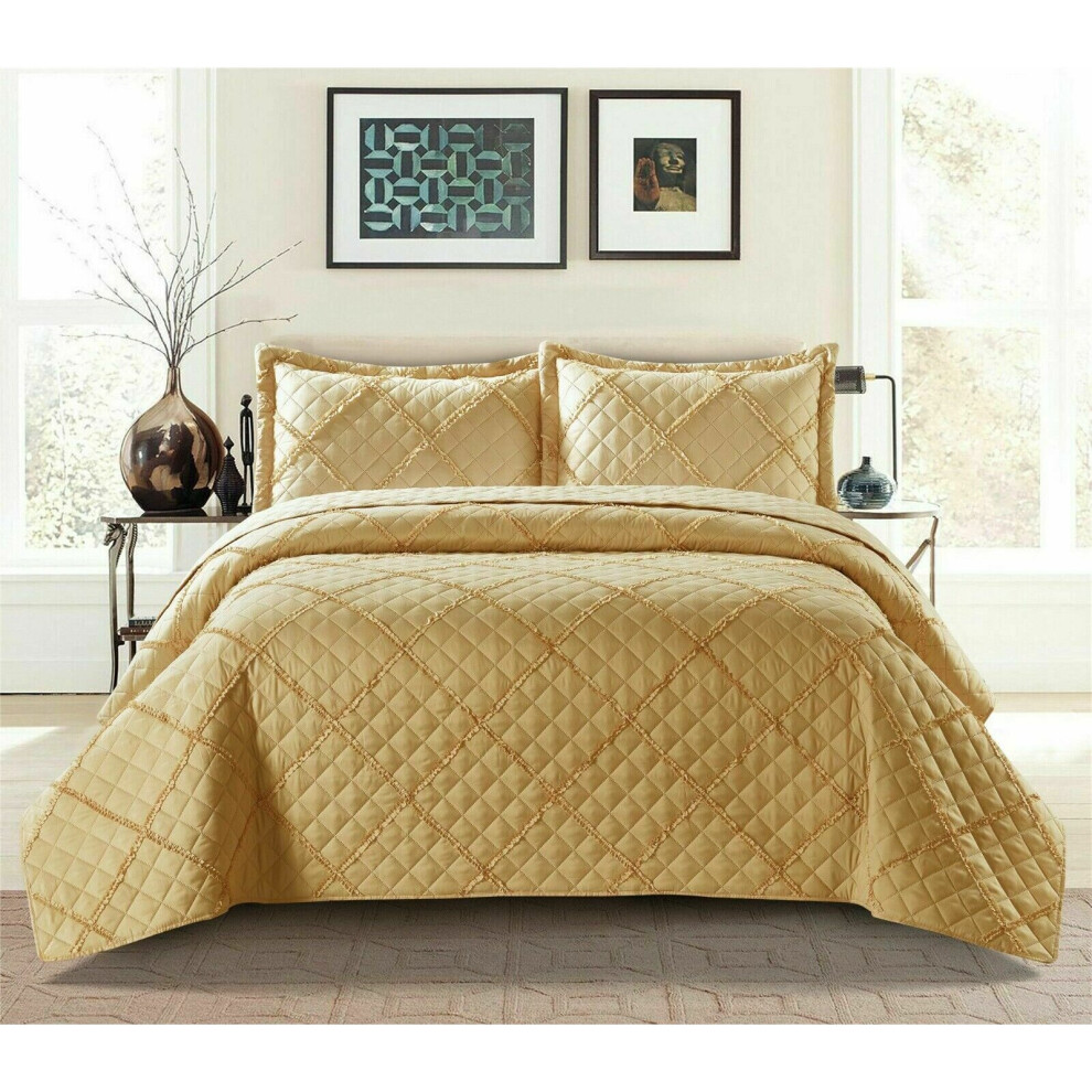 (King, Gold) New Luxury Embossed RUFFLED Bedspread Bedding Set