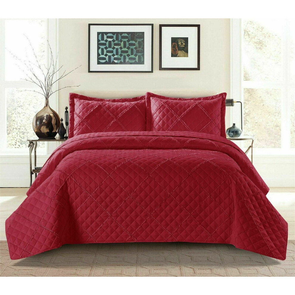 (King, Red) New Luxury Embossed RUFFLED Bedspread Bedding Set