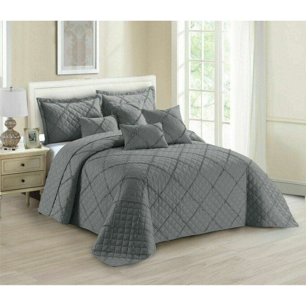 (King, Grey) New Luxury Embossed RUFFLED Bedspread Bedding Set